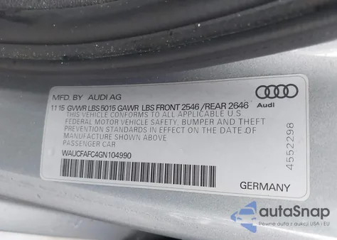 2016 Audi A6 2.0T Premium z USA, uszkodzony, nr VIN WAUCFAFC4GN104990